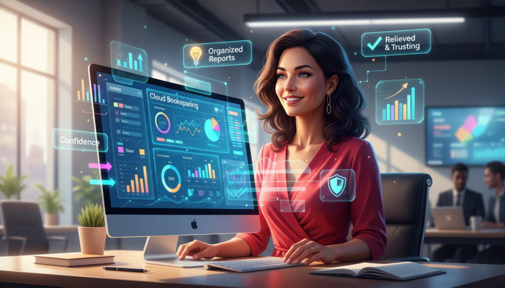 Small business owner reviewing organized financial reports confidently