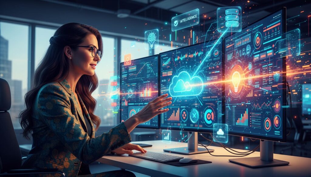 CFO analyzing AI-powered cloud bookkeeping dashboard.