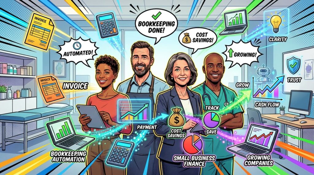 Small business owners using automation tools to reduce bookkeeping costs and streamline financial workflows