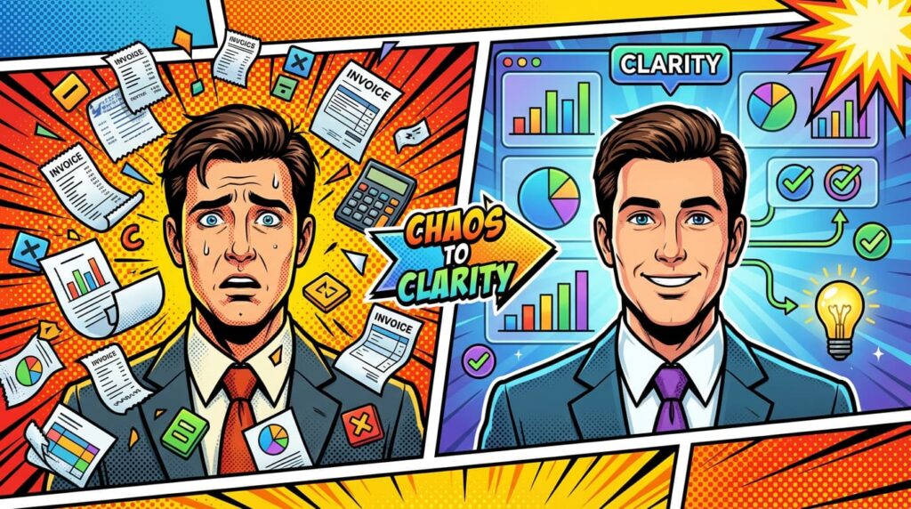 Illustration representing consultants and freelancers achieving financial clarity through effective bookkeeping systems