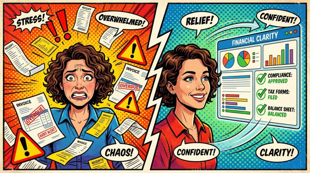 Small business owner managing messy receipts and digital dashboards, illustrating common bookkeeping errors and compliance risk prevention.