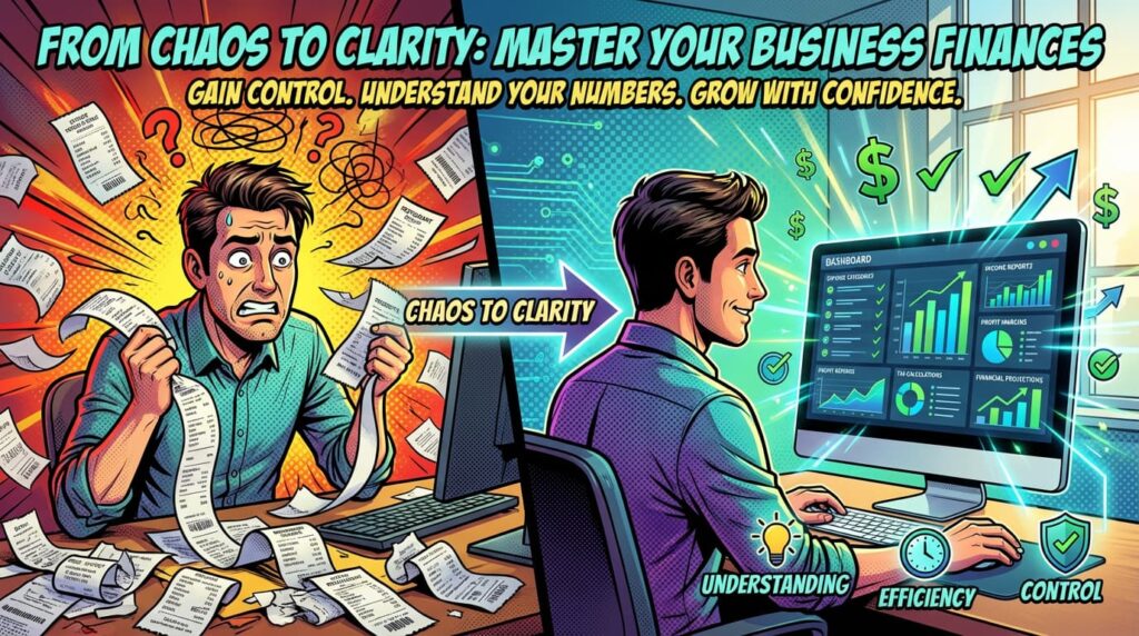 Home-based business owner reviewing bookkeeping dashboard with organized receipts