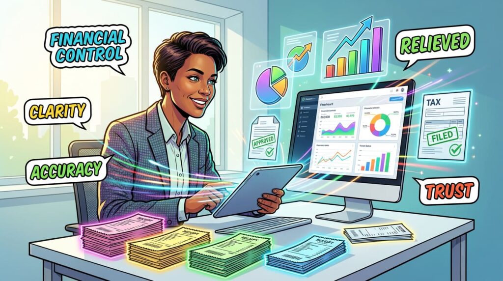 Small business owner reviewing organized financial records with charts, receipts, loan documents, investor reports, and tax forms