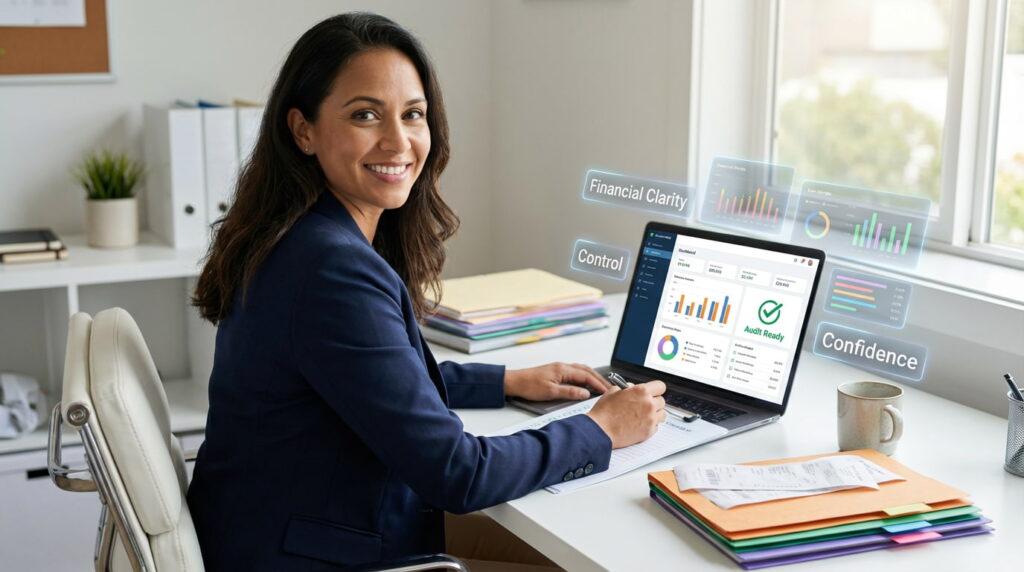 Small business owner managing organized financial records digitally, illustrating creating audit-ready books with confidence.