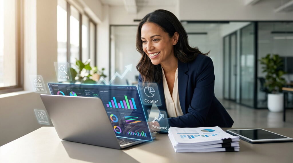 Small business owner reviewing monthly financial reports to improve clarity and decision-making.