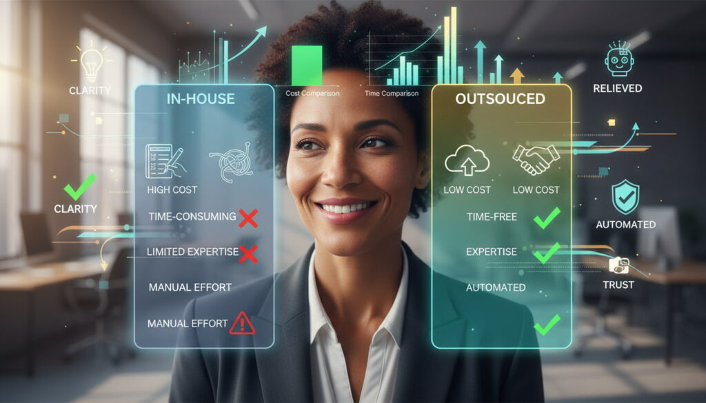 Small business owner comparing in-house and outsourced bookkeeping options to find the most cost-effective solution.