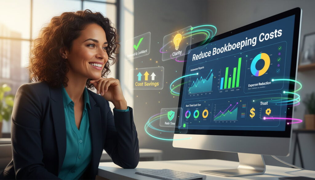 Small business owner reviewing clean financial dashboard to reduce bookkeeping costs without losing accuracy.