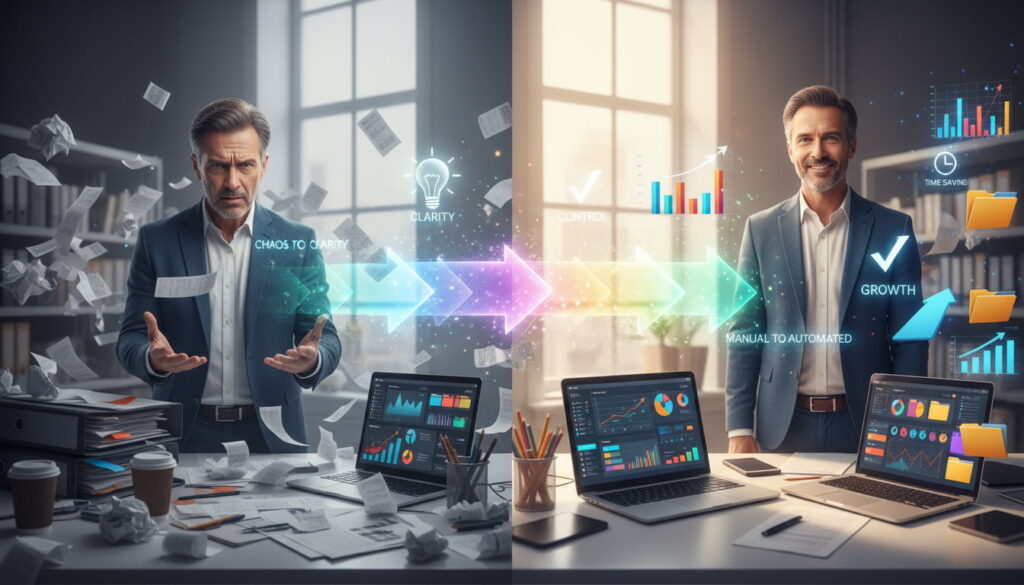 A small business owner organizing receipts and financial dashboards using a bookkeeping checklist