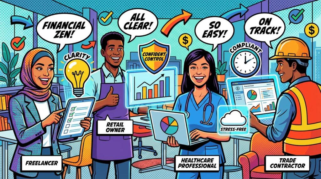 Small business owners from multiple industries tracking financial records and filing deadlines for compliance.