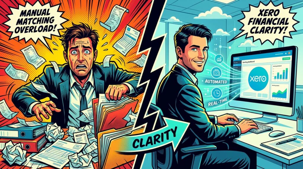 Illustration showing a business owner transforming messy financial records into an automated Xero banking workflow