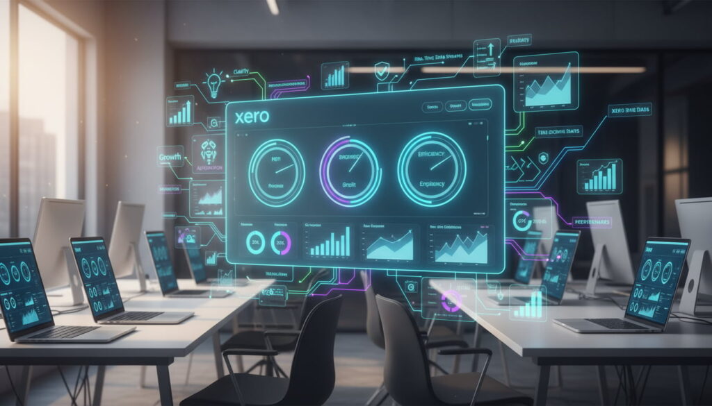 Xero reporting dashboards showing KPIs, financial charts, and insights from smart reporting add-ons.