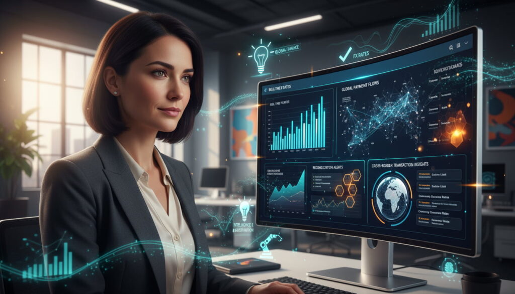 Multi-currency accounting dashboard showing FX reconciliation and global payments.
