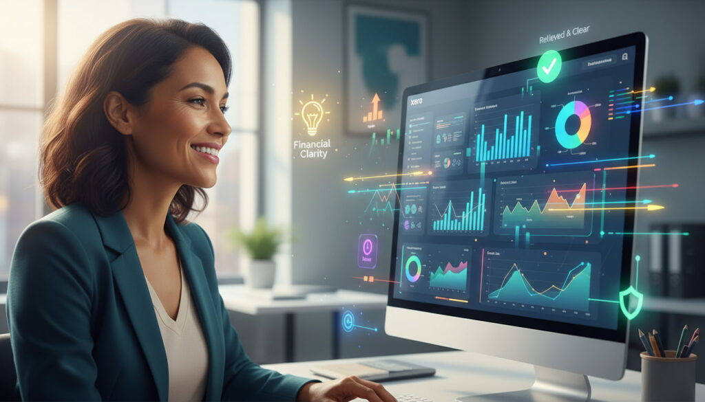 Business owner reviewing visual dashboards created with BI add-ons connected to Xero.