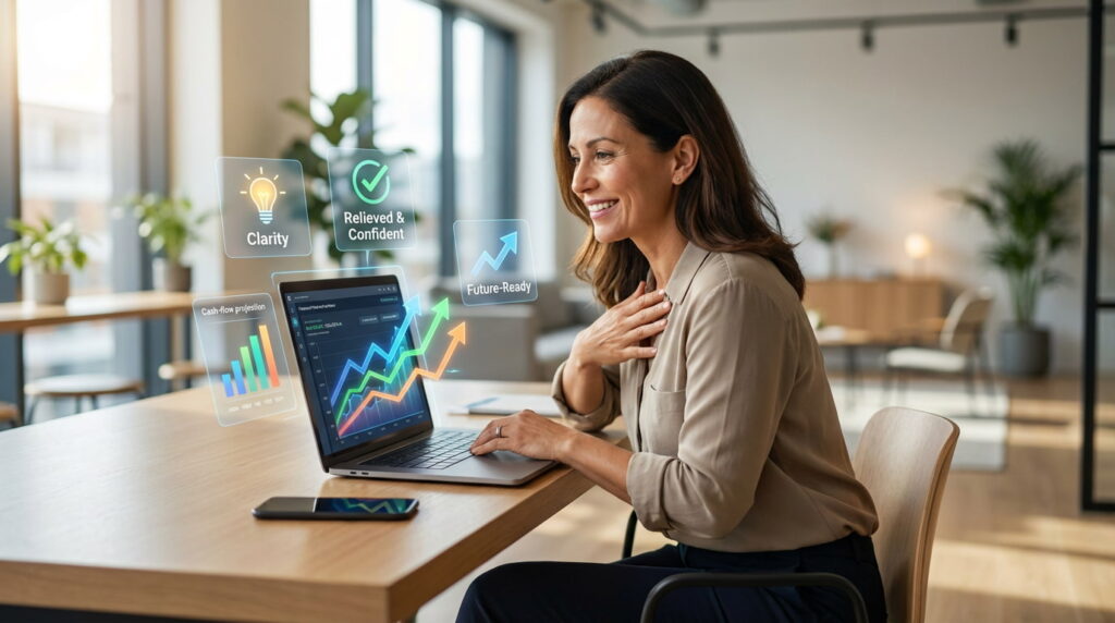 Business owner reviewing cash flow forecast using Xero budgeting add-ons for financial planning.