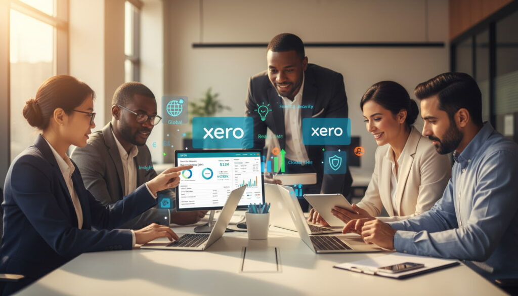 Global SME finance team analyzing real-time Xero cloud accounting dashboard metrics on laptops and tablets