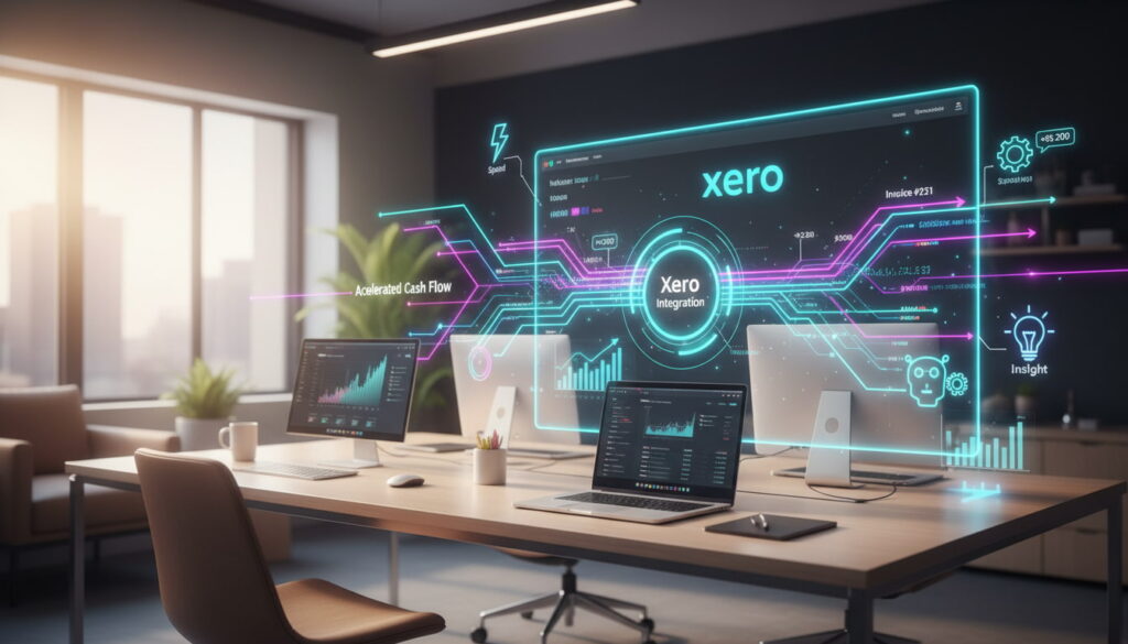 Modern fintech dashboard showing Xero payment integrations accelerating cash flow.