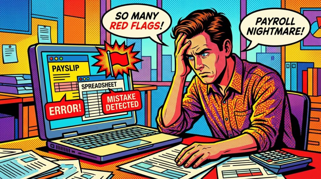 Small business owner checking payroll and payslips to prevent employee payment errors