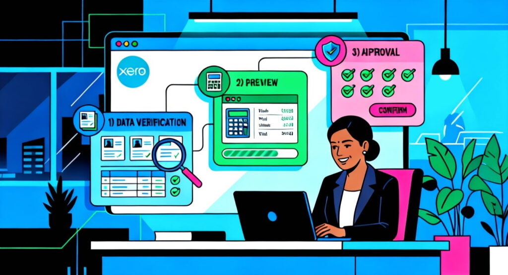 Small business owner reviewing first payroll in Xero for accurate processing and compliance