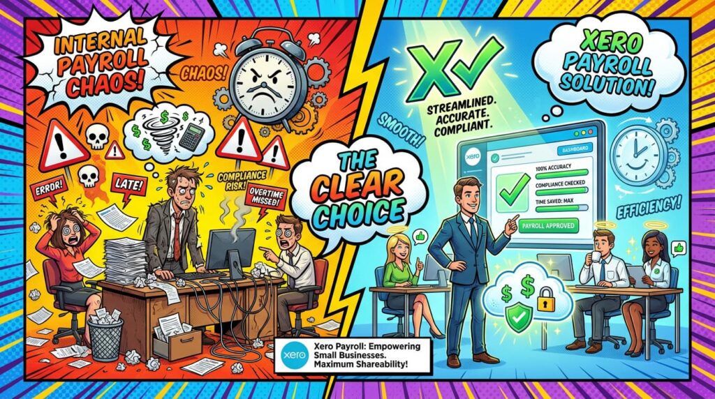 Business owner comparing in-house payroll processes and outsourced payroll options supported by Xero