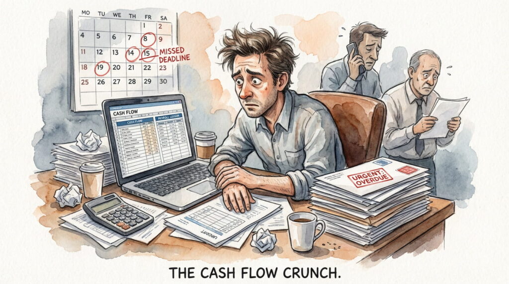 Small business owner stressed while reviewing payroll ledger and cash flow chart