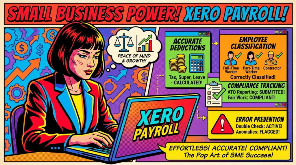 Small business owner reviewing payroll with Xero to prevent mistakes and ensure compliance.
