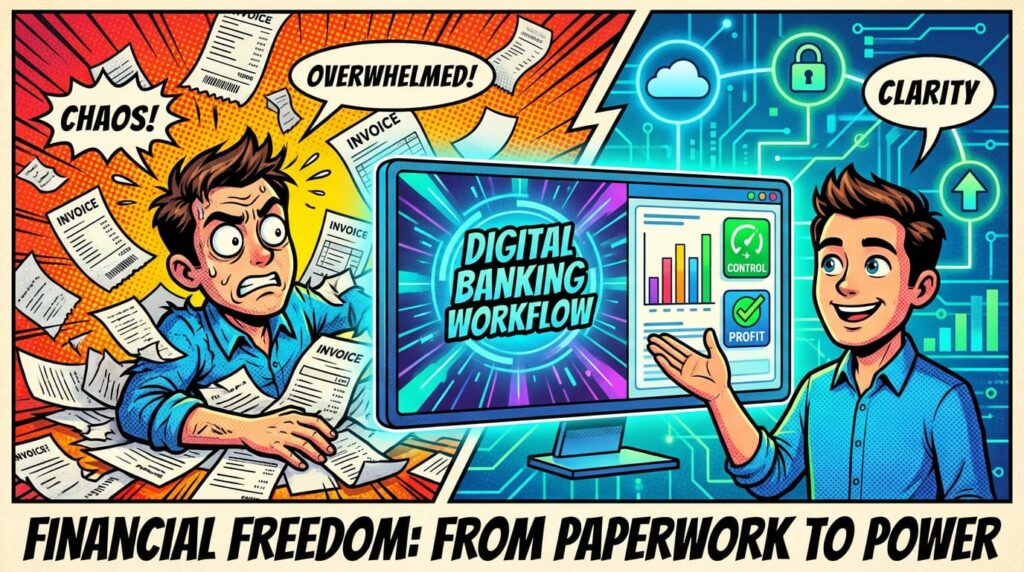 A small business owner organizing bank transactions and financial records using an automated Xero workflow.