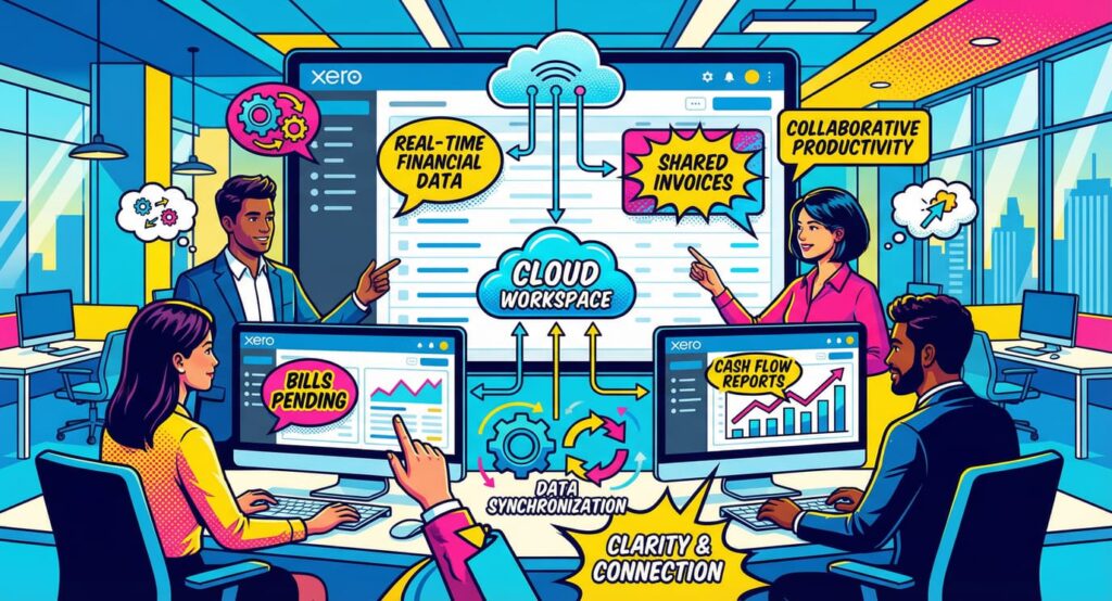Team reviewing shared cloud-based financial information to improve productivity and daily workflow.