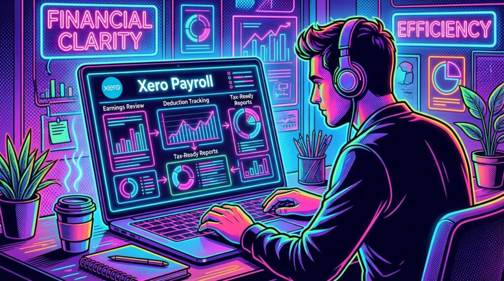 A freelancer organizing payroll records and tax information through Xero.