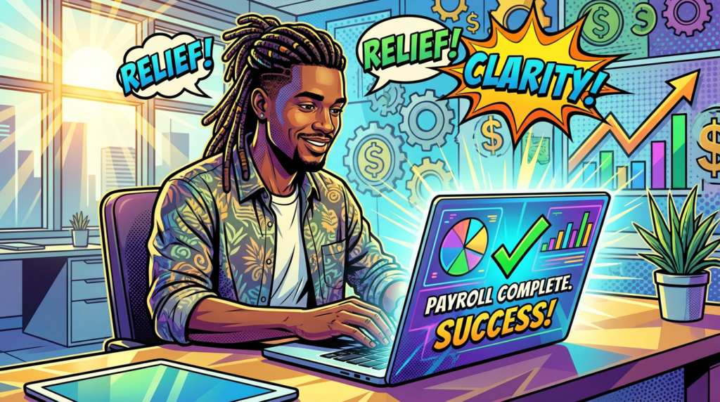 Business owner reviewing payroll calculations automated in Xero on a laptop.