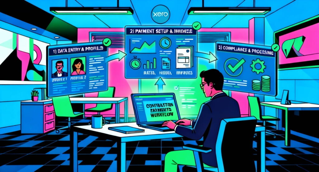Creative agency owner reviewing contractor payments and payroll workflows in Xero