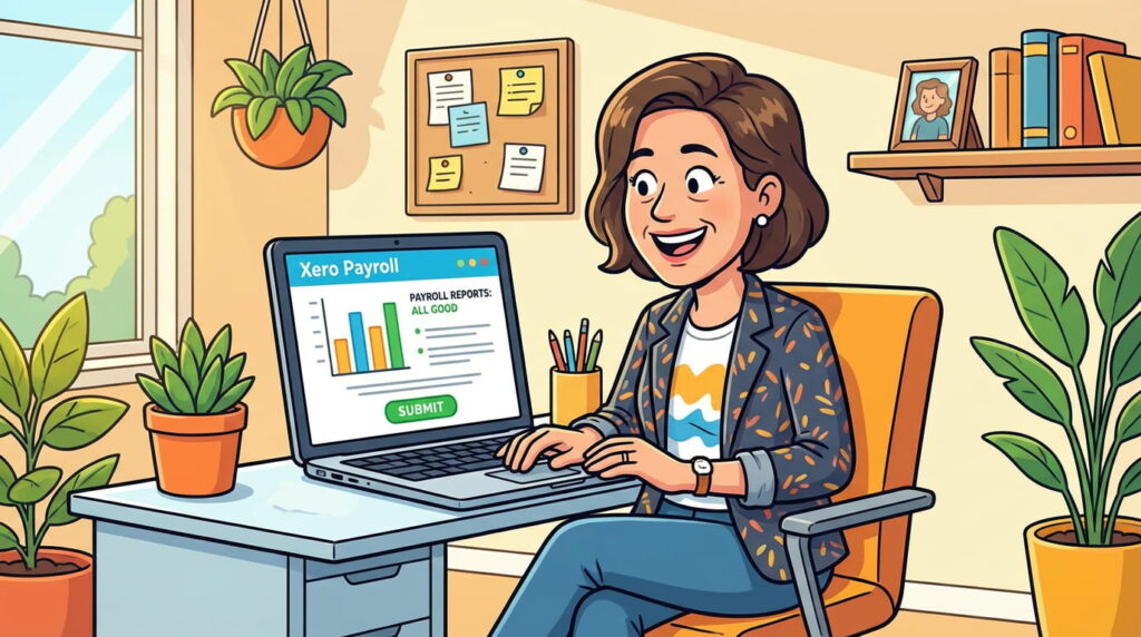 small business owner checking payroll reports on laptop