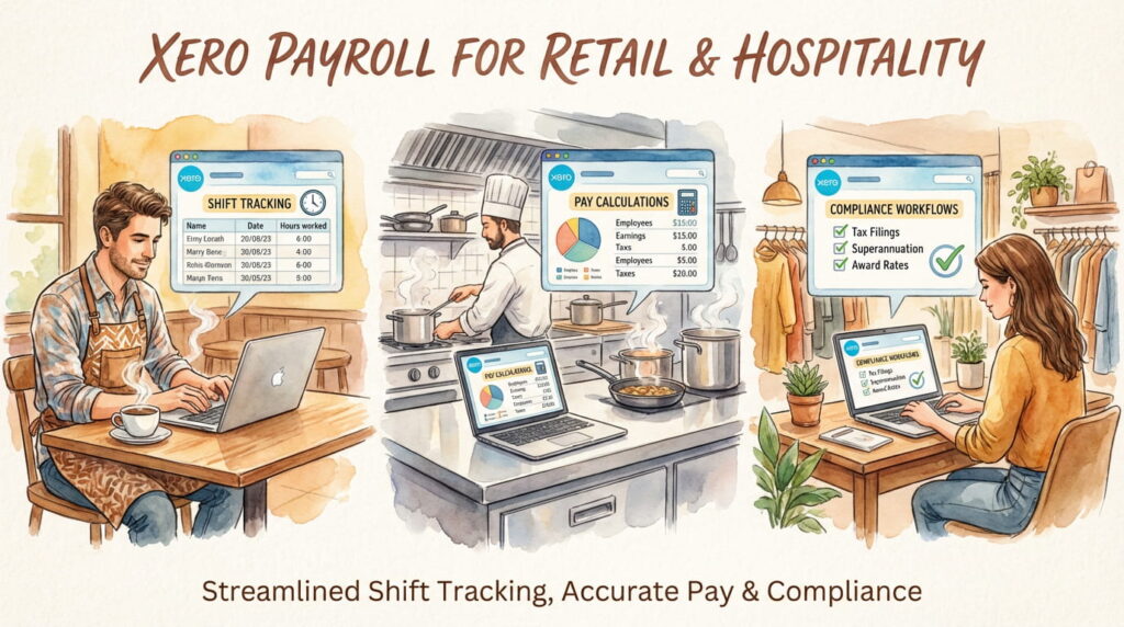 A retail and hospitality business owner reviewing payroll data and staff hours inside Xero.