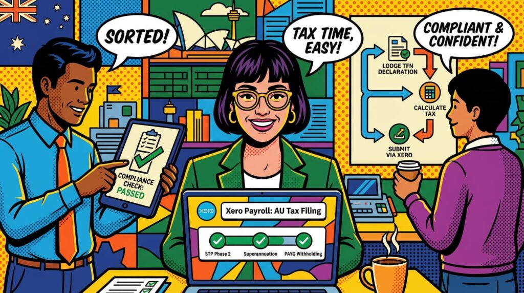 Australian small business owner reviewing payroll tax details in Xero while managing compliance tasks.