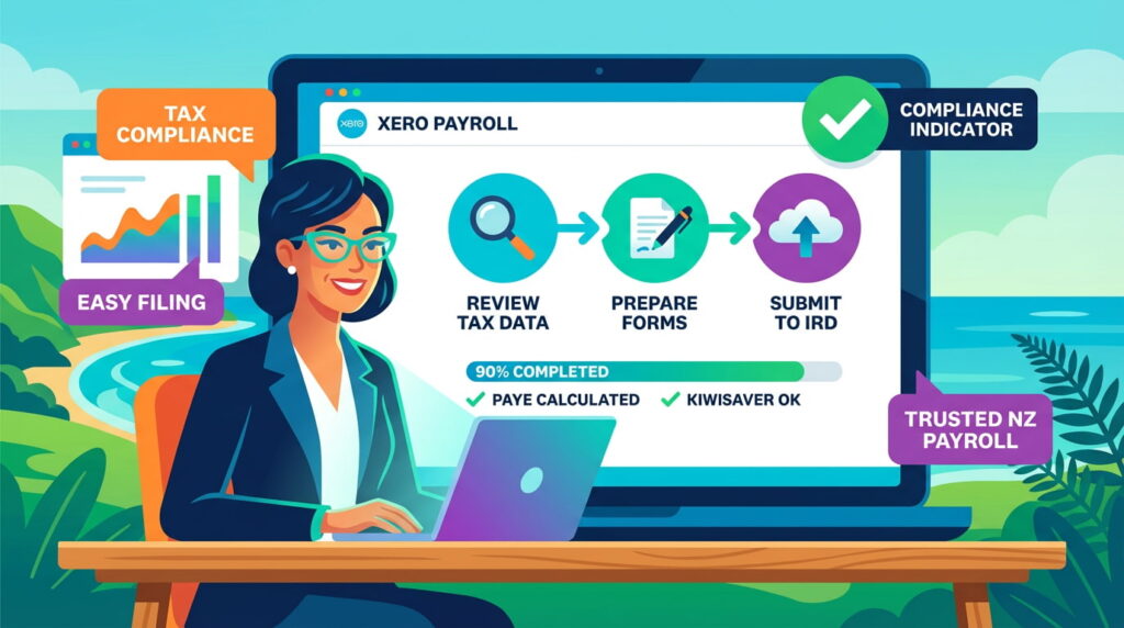 A New Zealand small business owner reviewing payroll tax details in Xero.