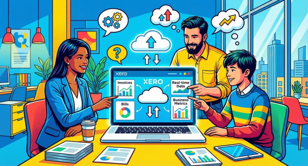 Small business team reviewing financial dashboard on laptop using Xero cloud accounting