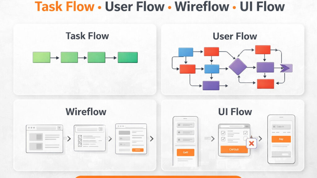Task flow vs user flow vs wireflow vs UI flow diagram showing UX design process and why UX fails when flows are skipped
