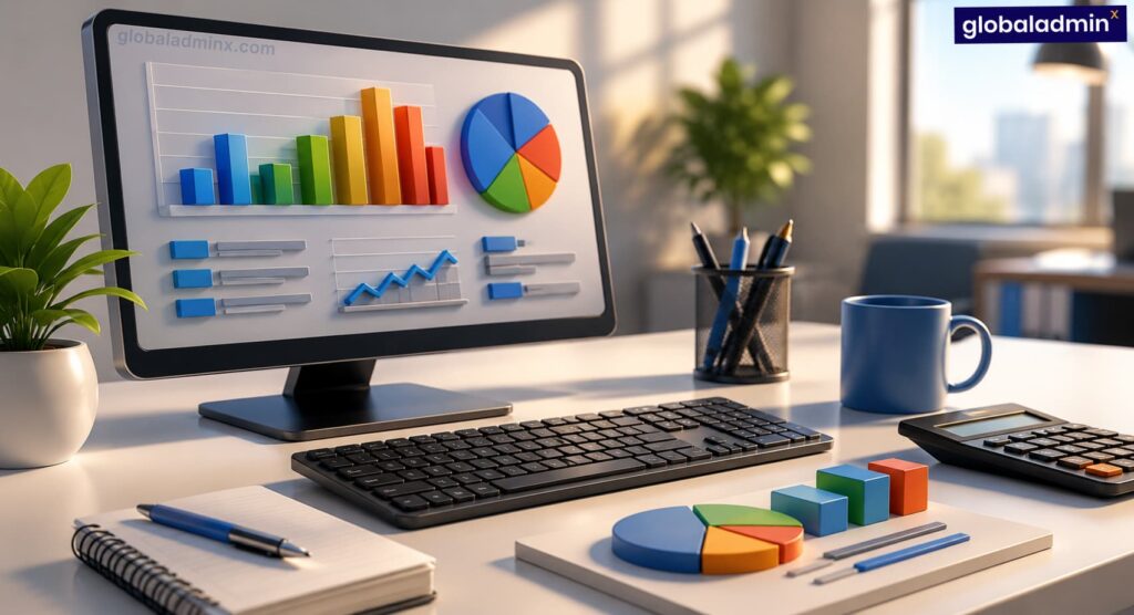 3D workspace showing data entry and database management activities with computer dashboards, spreadsheets, analytics charts, and administrative processing tools.
