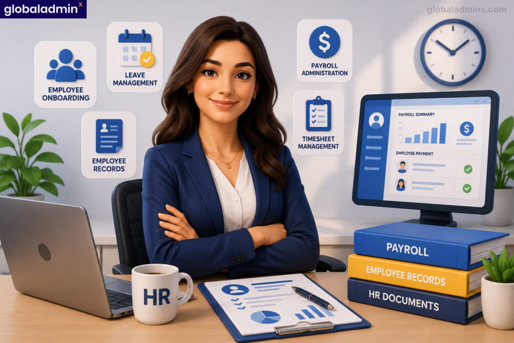 HR and payroll administration services featuring employee onboarding, payroll processing, leave management, workforce records, and HR documentation support.