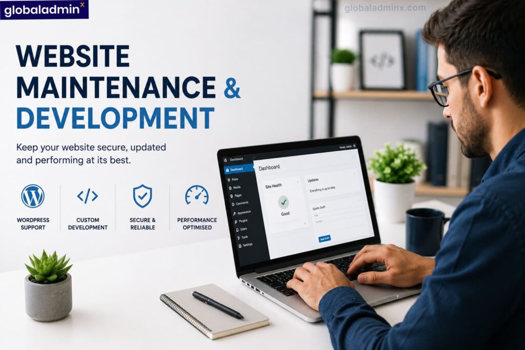 Website maintenance and development services including WordPress support, website updates, bug fixes, custom development, and performance optimisation.