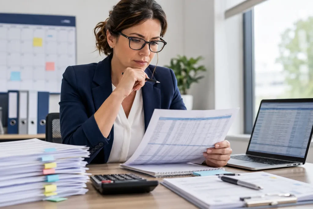 Payroll manager reviewing SCHADS payroll records, timesheets and compliance documents for an Australian NDIS provider.