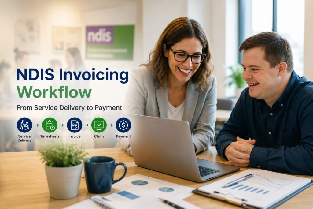 Complete NDIS invoicing workflow showing the process from service delivery to payment for Australian NDIS providers.