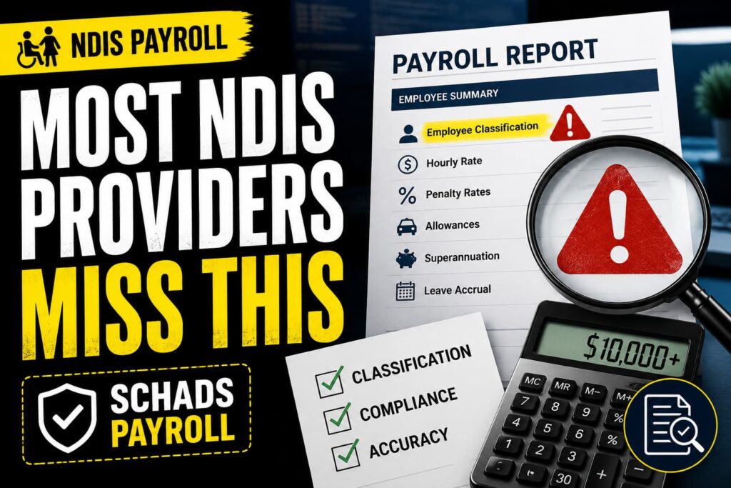 NDIS payroll compliance thumbnail highlighting the most common SCHADS payroll mistake that costs NDIS providers thousands through employee classification errors.