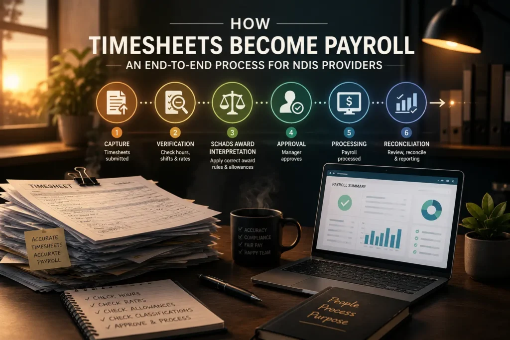 Illustration showing how NDIS payroll processing turns timesheets into accurate SCHADS Award payslips