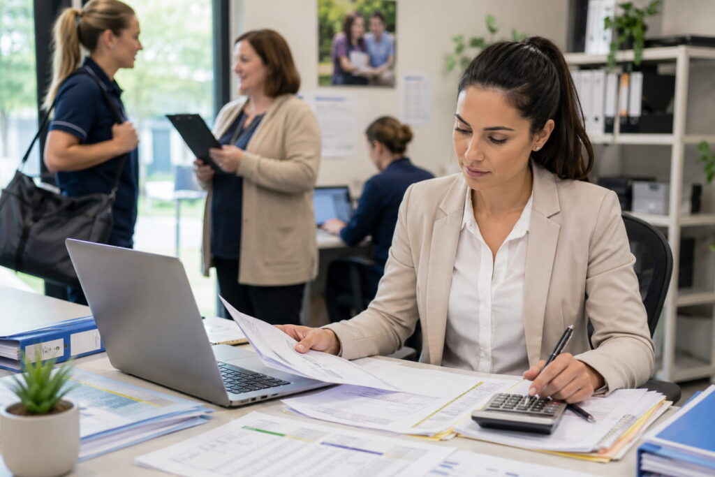 Payroll administrator reviewing employee records and SCHADS Award allowances for an Australian community service organisation.