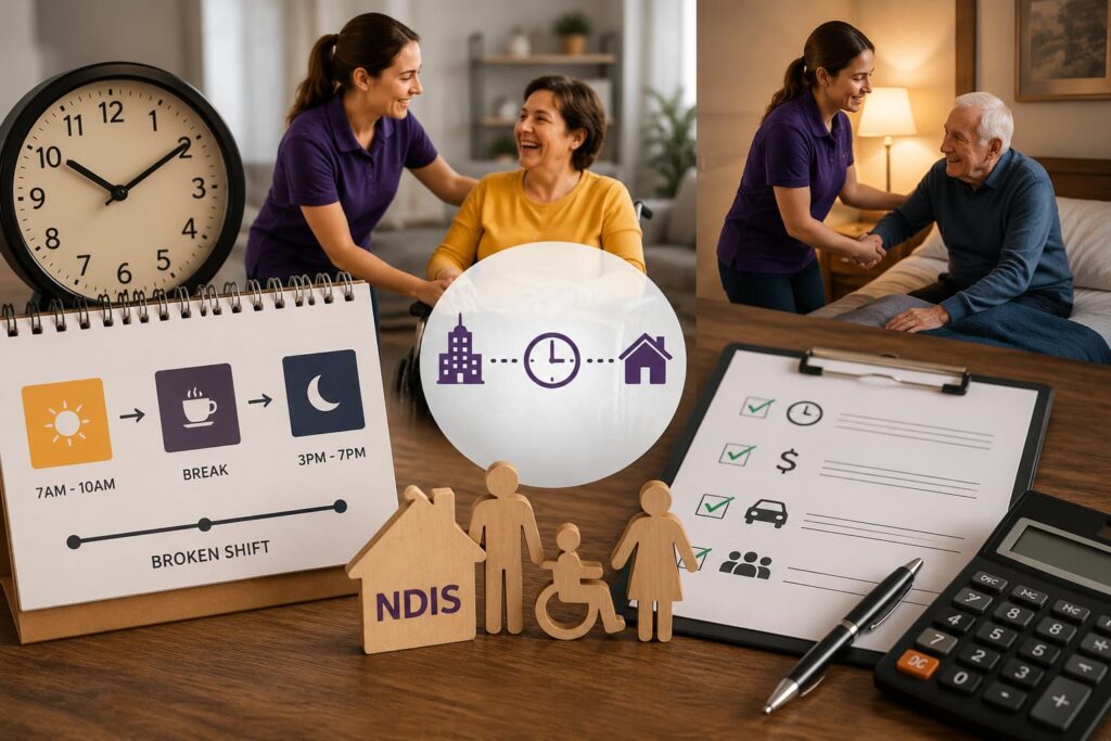 NDIS support worker completing a broken shift while providing care to community service participants with payroll and rostering concepts.