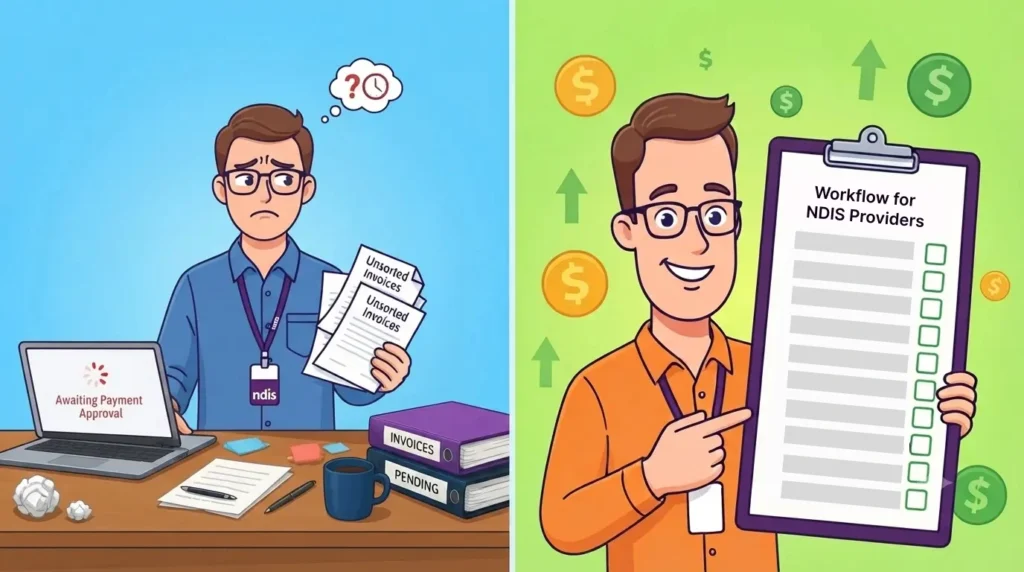 NDIS provider looking stressed at a laptop showing a pending payment, next to a 10-step NDIS invoicing workflow tracker