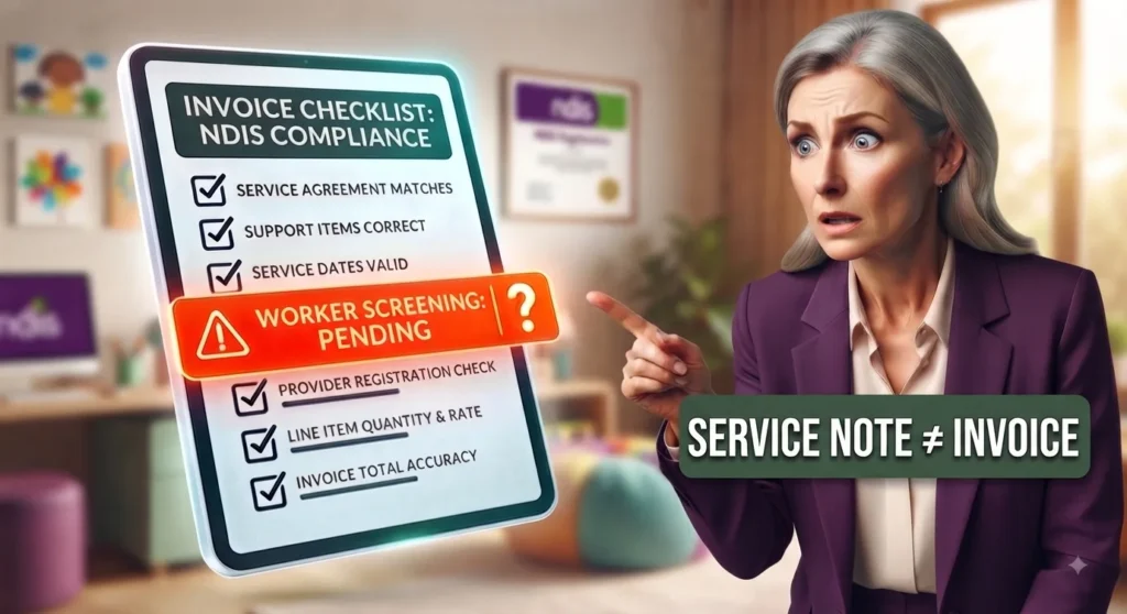 NDIS administrator reviewing an invoice checklist with service agreement, support item, service date and rate checks