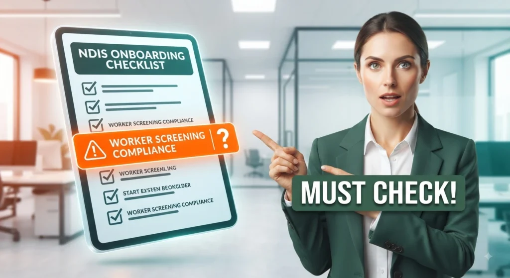 NDIS administrator reviewing a support worker onboarding checklist and documents