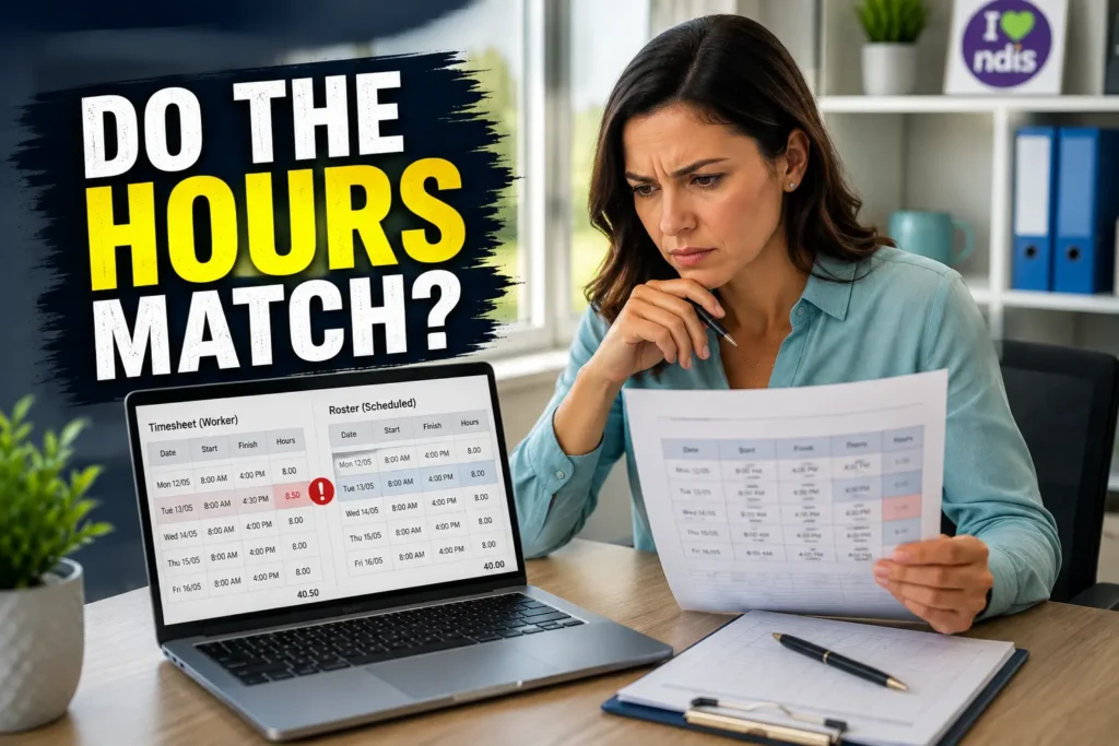 NDIS administrator reviewing a support worker timesheet against a roster before approving recorded hours