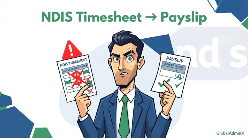 NDIS timesheet with flagged errors turning into an accurate payroll payslip